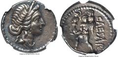 Ancients Roman Republic Julius Caesar, as Dictator (49-44 BC). AR denarius (19mm, 3.87 gm, 4h). NGC Choice XF 5/5 - 5/5. Military mint traveling with Caesar in North Africa, ca. 48-46 BC. Diademed hea