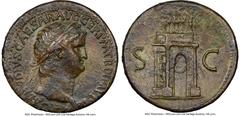 Ancients Roman Imperial Nero, as Augustus (AD 54-68). AE sestertius (35mm, 24.85 gm, 5h). NGC AU 4/5 - 2/5, light smoothing. Rome, AD 64. NERO CLAVDIVS CAESAR AVG GERM P M TR P IMP P P, laureate head 