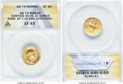 Ancients Roman Imperial Domitian, as Caesar (AD 81-96). AV aureus (20mm, 7.18 gm, 7h). ANACS XF 45, scratched. Rome, AD 73. CAES AVG F-DOMIT COS II, laureate head of Domitian right / Domitian on horse