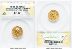 Ancients Roman Imperial Domitian, as Augustus (AD 81-96). AV aureus (20mm, 7.56 gm, 7h). ANACS XF 40. Rome, AD 88-89. DOMITIANVS-AVGVSTVS, laureate head of Domitian right / GERMANICVS above, Domitian 