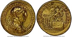 Ancients Roman Imperial Trajan (AD 98-117). AV aureus (20mm, 7.14 gm, 7h). NGC Choice XF 5/5 - 3/5, Fine Style, brushed. Rome, AD 114-117. IMP CAES NER TRAIAN OPTIM AVG GER DAC PARTHICO, laureate, dra