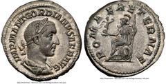 Ancients Roman Imperial Gordian I Africanus (March-April AD 238). AR denarius (20mm, 3.60 gm, 5h). NGC Choice XF 5/5 - 5/5 Rome. IMP M ANT GORDIANVS AFR AVG, laureate, draped, and cuirassed bust of Go
