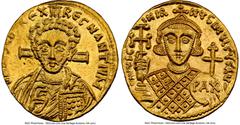 Ancients Byzantine Justinian II Rhinotmetus, Second Reign (AD 705-711). AV solidus (20mm, 4.44 gm, 6h). NGC Choice MS 4/5 - 5/5. Constantinople, AD 705-706. d N IhS ChS RЄX-RЄGNANTIЧM, facing bust of 
