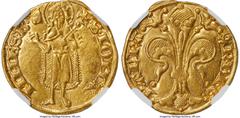 France Orange. Raymond V gold Florin d'Or ND (1340-1393) MS62 NGC, Fr-189 (listed under Raymond III and Raymond IV), Dup-2072. 3.50gm. (cornet) R • DI • G • | P • ΛuRΛ, stylized lily / S • IOHΛ | NNES