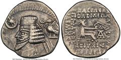 Ancients Greek PARTHIAN KINGDOM. Phraates IV (ca. 38-2 BC). AR drachm (19mm, 12h). NGC VF. Ecbatana. Diademed bust of Phraates IV left, royal wart on forehead, wearing segmented necklace with medallio