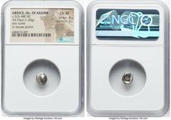 Ancients Greek SARONIC ISLANDS. Aegina. Ca. 480-457 BC. AR obol (9mm, 1.00 gm). NGC Choice XF 4/5 - 2/5. T-back sea turtle shell seen from above, with thin collar / Incuse square punch with irregular 