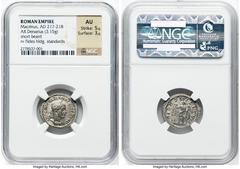Ancients Roman Imperial Macrinus (AD 217-218). AR denarius (20mm, 3.15 gm, 12h). NGC AU 5/5 - 3/5. Rome. IMP C M OPEL SEV MACRINVS AVG, laureate, cuirassed bust of Macrinus right, seen from front, wit