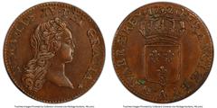 Colonials 1720-A 1/2 Sol French Colonies 1/2 Sol AU58 PCGS. Gad-273. Struck under edict of Louis XV, the 1717 to 1720 6 denier and 12 denier copper pieces were produced in small quantities due to prob