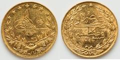 Islamic Dynasties Ottoman Empire Ottoman Empire. Abdul Hamid II gold 100 Kurush AH 1293 Year 32 (1907/1908) AU, Constantinople mint (in Turkey), KM730. 22.3mm. 7.18gm. HID05401242017 © 2023 Heritage A