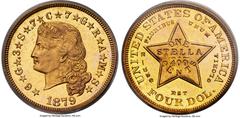 Proof Four Dollar Gold Pieces 1879 $4 Flowing Hair, Judd-1635, Pollock-1833, JD-1, R.3, PR64 Cameo PCGS. CAC. The origin of the stella, or four dollar gold piece, is somewhat clouded. John A. Kasson w