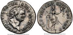 Ancients Roman Imperial Titus, as Augustus (AD 79-81). AR denarius (19mm, 2.39 gm, 6h). NGC AU 5/5 - 1/5, scratches, flan flaw, edge chip. Rome, after July 1 AD 79. IMP TITVS CAES VESPASIAN AVG P M, l