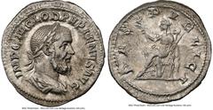 Ancients Roman Imperial Pupienus (April-July AD 238). AR denarius (20mm, 3.86 gm, 5h). NGC AU 5/5 - 3/5. Rome. IMP C M CLOD PVPIENVS AVG, laureate, draped, and cuirassed bust of Pupienus right, seen f