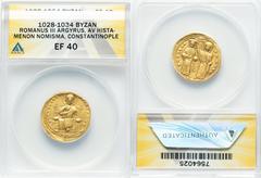 Ancients Byzantine Romanus III Argyrus (AD 1028-1034). AV histamenon nomisma (23mm, 7h). ANACS XF 40. Constantinople. +IhS XIS RЄX-RЄϚNANTInm (m inverted), Christ enthroned facing, wearing nimbus cruc