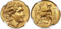 Ancients Greek THRACIAN KINGDOM. Lysimachus (305-281 BC). AV stater (19mm, 8.49 gm, 11h). NGC Choice AU 5/5 - 3/5, die shift. Early posthumous issue of uncertain mint. Diademed head deified Alexander 
