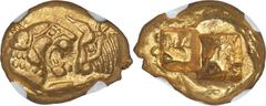 Ancients Greek LYDIAN KINGDOM. Croesus (561-546 BC). AV stater (16mm, 8.07 gm). NGC Choice AU 5/5 - 5/5. Croeseid "light" standard, Sardes, ca. 550-546 BC. Confronted foreparts of lion right and bull 