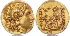 Ancients Greek THRACIAN KINGDOM. Lysimachus (305-281 BC). AV stater (19mm, 8.45 gm, 12h). ANACS AU 58. Early posthumous issue of Mesembria. Diademed head deified Alexander III right, with horn of Ammo