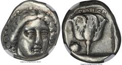 Ancients Greek CARIAN ISLANDS. Rhodes. Ca. 408-404 BC. AR tetradrachm (23mm, 14.96 gm, 11h). NGC VF 4/5 - 4/5. Head of Helios facing, turned slightly right, hair arrayed in radiating waves / POΔION, r