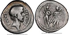 Ancients Roman Republic L. Servius Rufus (ca. 43 BC). AR denarius (19mm, 3.63 gm, 9h). NGC Fine 4/5 - 4/5, bankers mark. Rome. L•SERVIVS-RVFVS, bare head of Brutus (?) right / The Dioscuri standing fa