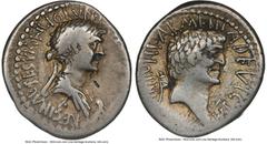 Ancients Roman Republic Cleopatra VII of Egypt and Marc Antony, as Rulers of the East (37-30 BC). AR denarius (19mm, 3.58 gm, 12h). NGC Choice Fine 4/5 - 3/5, bankers marks. Alexandria, 34-32 BC. CLEO