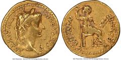 Ancients Roman Imperial Tiberius (AD 14-37). AV aureus (19mm, 7.69 gm, 12h). NGC Choice Fine 5/5 - 2/5. bankers mark, marks. Lugdunum, ca. AD 14-17. TI CAESAR DIVI-AVG F AVGVSTVS, laureate head of Tib