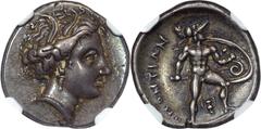 Ancients Greek LOCRIS. Locris Opuntia. Ca. 380-300 BC. AR triobol or hemidrachm (16mm, 2.76 gm, 11h). NGC Choice S VF 5/5 - 4/5. Head of Persephone right, wreathed with grain, wearing pendant earring 