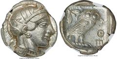 Ancients Greek ATTICA. Athens. Ca. 440-404 BC. AR tetradrachm (25mm, 17.22 gm, 10h). NGC MS S 5/5 - 4/5. Mid-mass coinage issue. Head of Athena right, wearing earring, necklace, and crested Attic helm