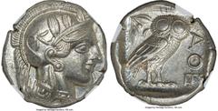 Ancients Greek ATTICA. Athens. Ca. 440-404 BC. AR tetradrachm (24mm, 17.19 gm, 1h). NGC Choice AU S 5/5 - 5/5. Mid-mass coinage issue. Head of Athena right, wearing earring, necklace, and crested Atti