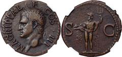 Ancients Roman Imperial Marcus Agrippa, lieutenant of Augustus (died 12 BC). AE as (29mm, 10.70 gm, 6h). NGC Choice VF S 5/5 - 5/5. Posthumous issue, Rome, AD 37-41. M•AGRIPPA•L-•F•COS•III•, head of A