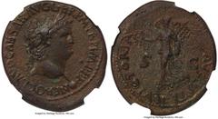 Ancients Roman Imperial Nero, as Augustus (AD 54-68). AE as (31mm, 13.10 gm, 7h). NGC AU 5/5 - 4/5, Fine Style. Lugdunum, AD 65. NERO CLAVD CAESAR AVG GER P M TR P IMP P P, laureate head of Nero right