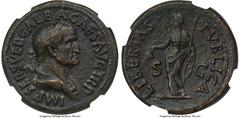 Ancients Roman Imperial Galba (AD 68-69). AE sestertius (35mm, 25.59 gm, 7h). NGC VF 5/5 - 3/5, Fine Style. Rome. IMP SER SVLP GALBA•CAES AVG TR P, laureate and draped bust of Galba right, seen from b