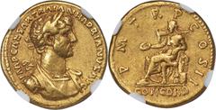 Ancients Roman Imperial Hadrian (AD 117-138). AV aureus (18mm, 6.84 gm, 6h). NGC Choice VF 5/5 - 4/5, Fine Style. Rome, AD 118. IMP CAESAR TRAIAN HADRIANVS AVG, laureate, draped, and cuirassed bust of