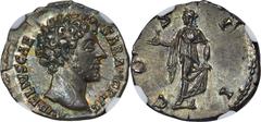 Ancients Roman Imperial Marcus Aurelius, as Caesar (AD 161-180). AR denarius (18mm, 3.08 gm, 11h). NGC Choice AU S 5/5 - 5/5. Rome, ca. AD 145-147. AVRELIVS CAE-SAR AVG P II F, bare head of Marcus Aur