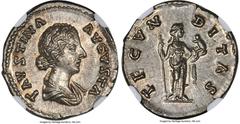Ancients Roman Imperial Faustina Junior (AD 147-175/6). AR denarius (19mm, 3.62 gm, 6h). NGC Choice MS S 5/5 - 5/5. Rome, AD 161-164. FAVSTINA-AVGVSTA, draped bust of Faustina Junior right, seen from 