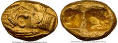 Ancients Greek LYDIAN KINGDOM. Croesus (561-546 BC). AV stater (17mm, 8.07 gm). NGC AU 5/5 - 2/5, damage. Croeseid "light" standard, Sardes, ca. 550-546 BC. Confronted foreparts of lion right and bull