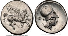 Ancients Greek CORINTHIA. Corinth. Ca. 4th century BC. AR stater (22mm, 8.50 gm, 9h). NGC AU 3/5 - 3/5, brushed. Ca. 405-345 BC. Pegasus with pointed wing flying right; Ϙ below / Head of Athena left, 