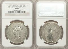 Victoria pattern Bonomi Crown in white metal 1837, ESC322, L&S14, struck in "hard white metal," or tin, plain edge with tiny incuse capital "T" (for Thomas, most likely) and, on opposite side of edge,