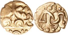 CELTIC BRITAIN, 'Corieltauvi'. Uninscribed (ca. 50 BC-AD 30). AV stater (5.84 gm). 'Ferriby' type. Devolved laureate head of Apollo right / Disjointed horse left; beaded central shaft on anchor above,