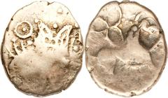 Durotriges and Iceni. Lot of two base AV coins. Includes a Chute-type pale AV stater of the Durotriges, ca. 60-30 BC, Van Arsdell 1205; and a rose AV 1/4 stater of the Iceni, uninscribed, ca. 30 BC-AD