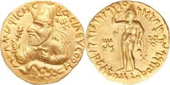 INDIA. Kushan Empire. Vima Kadphises (ca. AD 100-127/8). AV dinar (8.09 gm). Mint A. Diademed and crowned half-length bust of Vima Kadphises left, arising from on clouds, holding mace-scepter and eagl