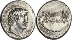 Mark Antony as Triumvir and Imperator (43-31 BC). AR denarius (3.67 gm). Obverse die signed by 'P.' Athens, 32 BC. M. Junius Silanus, quaestor pro consul. ANTON AVG IM[P III COS DES] III V R P C, bare
