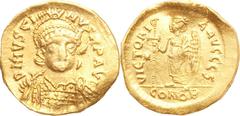 Honorius (AD 393-423) and Justin I (AD 518-527). Lot of two AV solidi. Includes a Constantinople solidus of Honorius (RIC 30) and a Constantinople solidus of Justin I ca. AD 518-519 (Sear 55). Both co