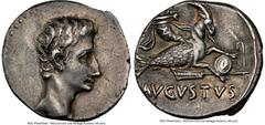 Ancients Roman Imperial Augustus (27 BC-AD 14). AR denarius (18mm, 3.69 gm, 6h). NGC XF 5/5 - 4/5. Spain (Colonia Patricia?), ca. 18-16 BC. Bare head of Augustus right with well-manicured hair; linear