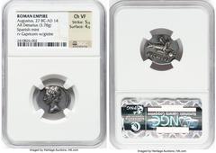 Ancients Roman Imperial Augustus (27 BC-AD 14). AR denarius (19mm, 3.78 gm, 7h). NGC Choice VF 5/5 - 4/5. Spain (Colonia Patricia?), ca. 17-16 BC. Bare head of Augustus left; linear border / AVGVSTVS,
