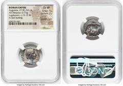 Ancients Roman Imperial Augustus (27 BC-AD 14). AR denarius (18mm, 3.77 gm, 6h). NGC Choice VF 5/5 - 2/5, bankers marks. Lugdunum, ca. 15-13 BC. AVGVSTVS-DIVI•F, bare head of Augustus right / IMP•X, b