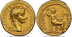 Ancients Roman Imperial Tiberius, as Augustus (AD 14-37). AV aureus (19mm, 7.67 gm, 6h). NGC VF 5/5 - 3/5, edge marks. Lugdunum, ca. AD 14-17. TI CAESAR DIVI-AVG F AVGVSTVS, laureate head of Tiberius 