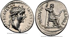 Ancients Roman Imperial Tiberius (AD 14-37). AR denarius (20mm, 3.87 gm, 1h). NGC AU 5/5 - 4/5. Lugdunum, ca. AD 14-17. TI CAESAR DIVI-AVG F AVGVSTVS, laureate head of Tiberius right / PONTIF-MAXIM, L