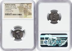 Ancients Roman Imperial Tiberius, as Augustus (AD 14-37). AR denarius (18mm, 3.93 gm, 6h). NGC XF 4/5 - 3/5. Lugdunum, ca. AD 14-17. TI CAESAR DIVI-AVG F AVGVSTVS, laureate head of Tiberius right / PO