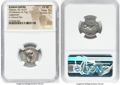 Ancients Roman Imperial Tiberius, as Augustus (AD 14-37). AR denarius (18mm, 3.77 gm, 4h). NGC Choice VF 5/5 - 4/5. Lugdunum, ca. AD 14-17. TI CAESAR DIVI-AVG F AVGVSTVS, laureate head of Tiberius rig