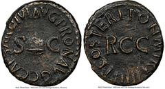 Ancients Roman Imperial Gaius (Caligula) (AD 37-41). AE quadrans (17mm, 6h). NGC Choice VF. Rome, AD 40-41. C CAESAR DIVI AVG PRON AVG, around pileus; S-C flanking pileus cap / PON M TRP IIII P P COS 