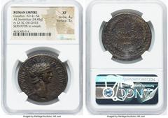 Ancients Roman Imperial Claudius I (AD 41-54). AE sestertius (36mm, 24.45 gm, 6h). NGC XF 4/5 - 3/5. Rome, ca. AD 41-50. TI CLAVDIVS CAESAR AVG P M TR P IMP, laureate head of Claudius I right / EX S C